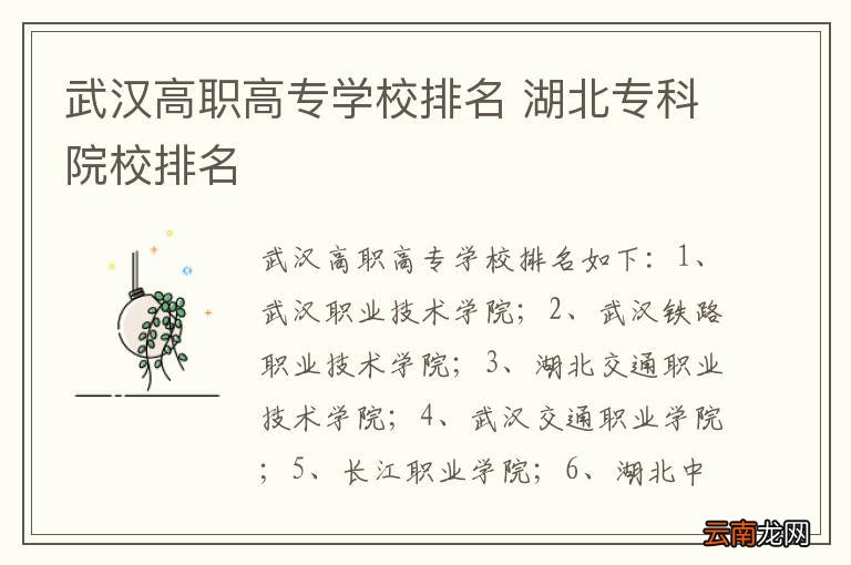 武汉高职高专学校排名 湖北专科院校排名