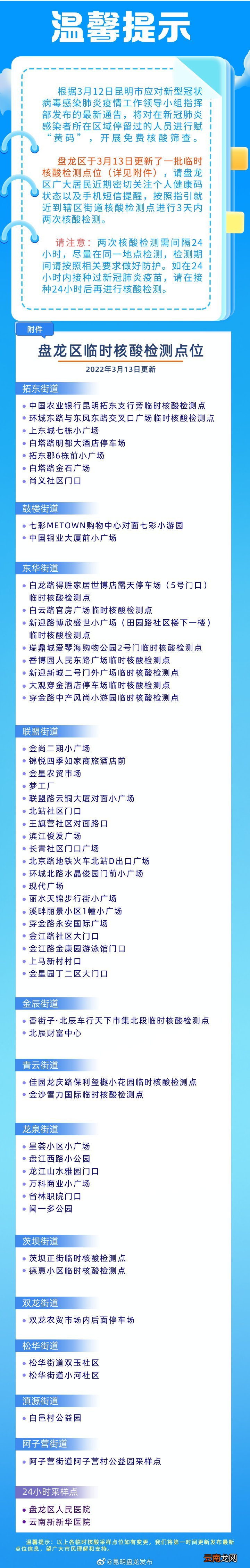 附地点+条件 昆明盘龙区免费核酸检测政策