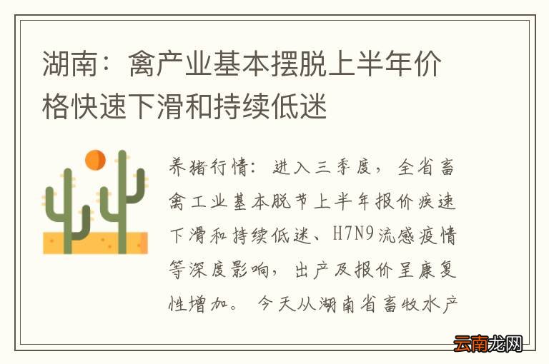 湖南：禽产业基本摆脱上半年价格快速下滑和持续低迷