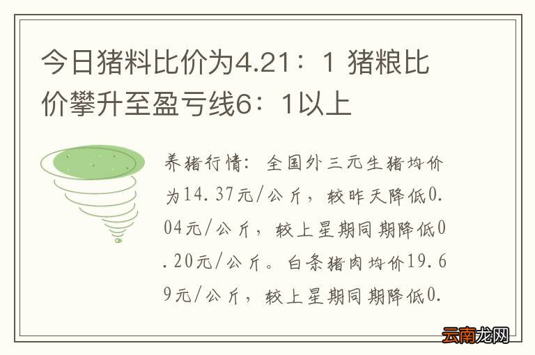 今日猪料比价为4.21：1 猪粮比价攀升至盈亏线6：1以上