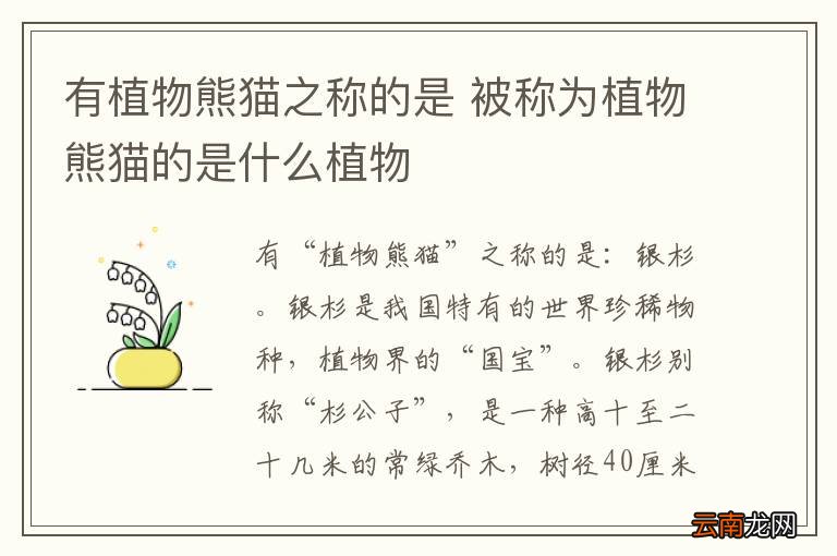 有植物熊猫之称的是 被称为植物熊猫的是什么植物