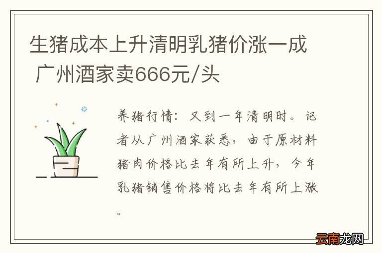 生猪成本上升清明乳猪价涨一成 广州酒家卖666元/头
