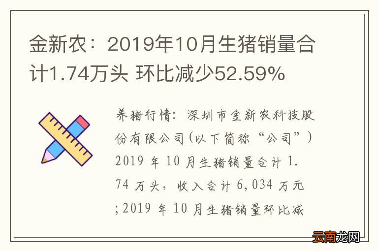 金新农:2019年10月生猪销量合计1.74万头 环比减少52.59%