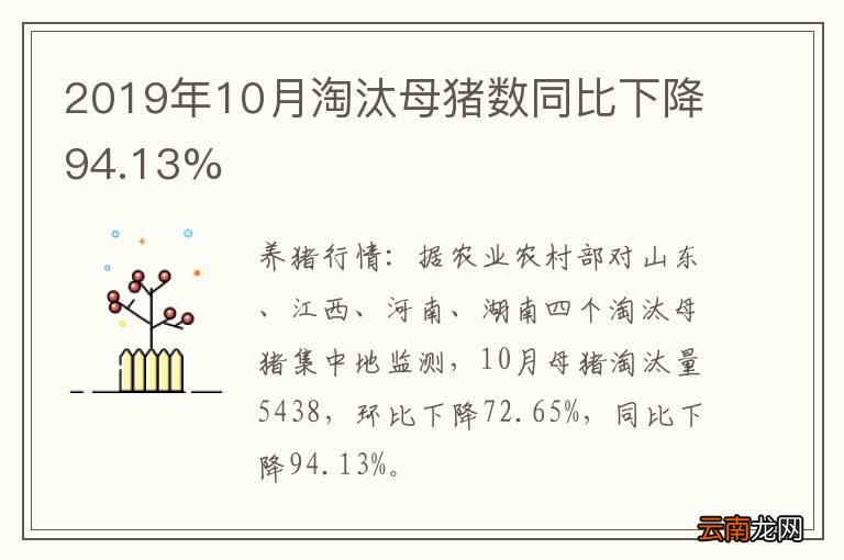 2019年10月淘汰母猪数同比下降94.13%