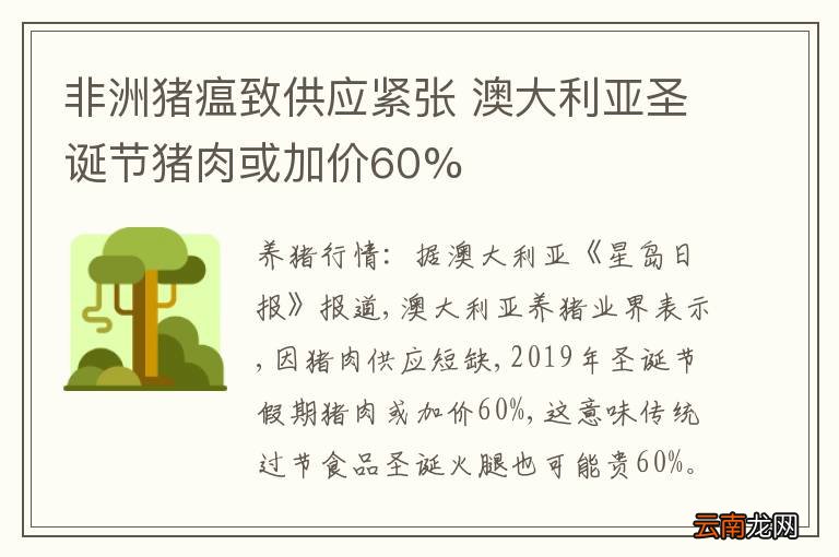 非洲猪瘟致供应紧张 澳大利亚圣诞节猪肉或加价60%