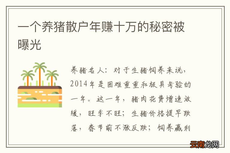 一个养猪散户年赚十万的秘密被曝光