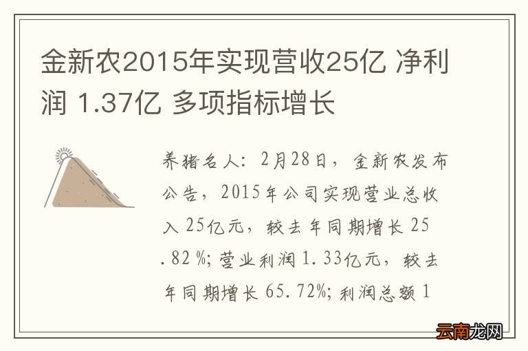 金新农2015年实现营收25亿 净利润 1.37亿 多项指标增长