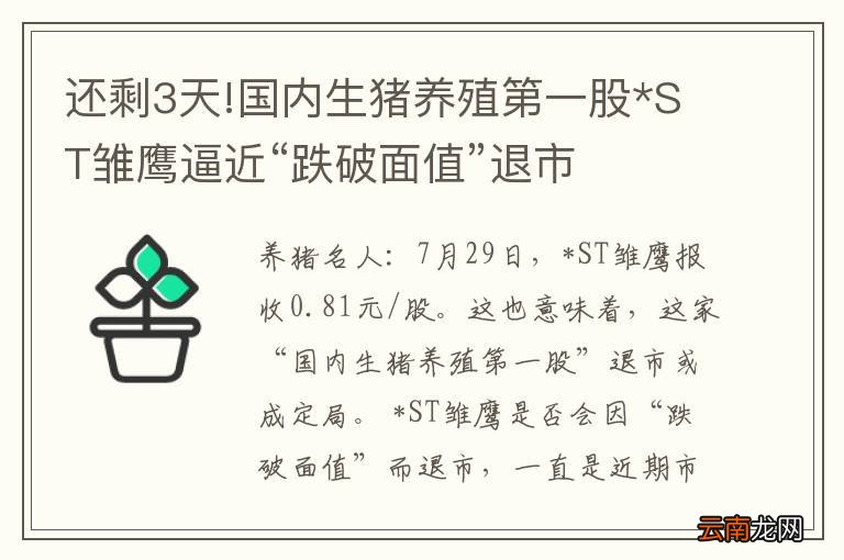 还剩3天!国内生猪养殖第一股*ST雏鹰逼近“跌破面值”退市