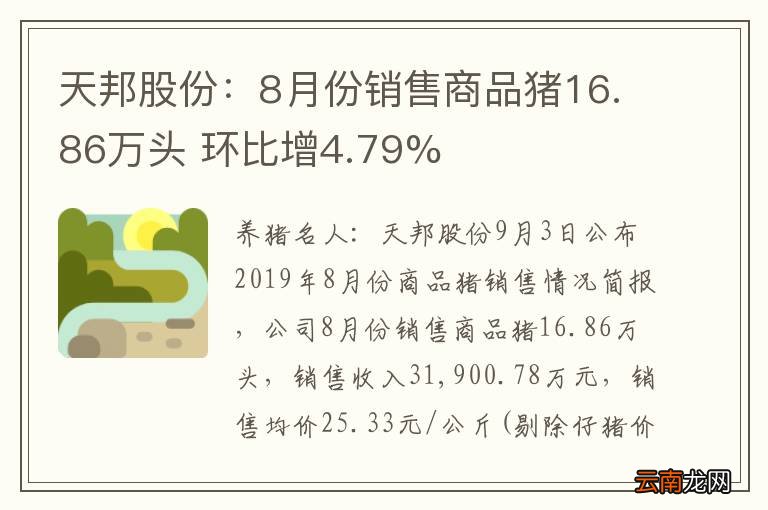 天邦股份：8月份销售商品猪16.86万头 环比增4.79%
