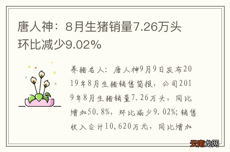 唐人神：8月生猪销量7.26万头 环比减少9.02%