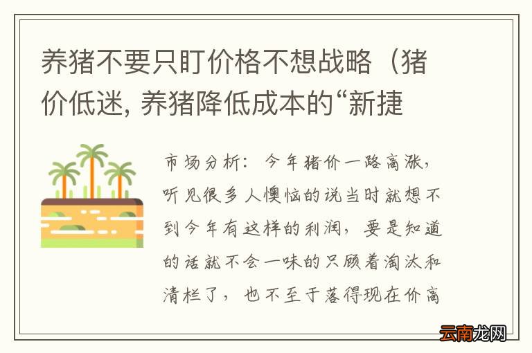 猪价低迷, 养猪降低成本的“新捷径”应运而生 养猪不要只盯价格不想战略