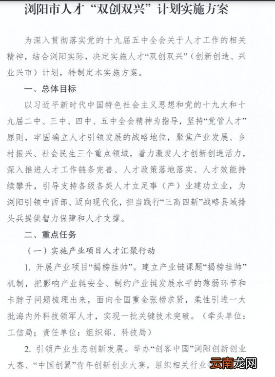 《浏阳市人才“双创双兴”计划实施方案》