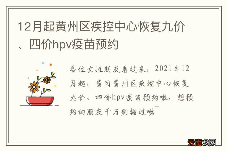 12月起黄州区疾控中心恢复九价、四价hpv疫苗预约