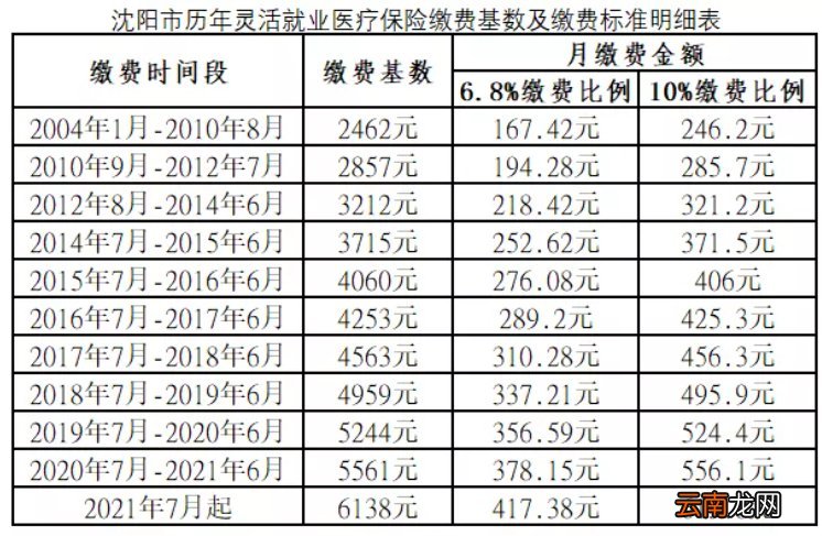 沈阳医保缴费标准