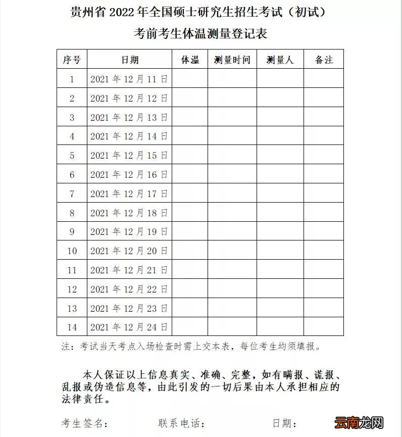 贵州省2022考研考前14天体温测量登记表下载方式