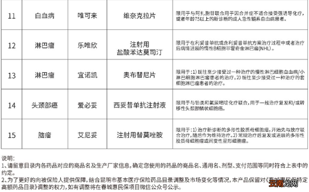 2022昆明春城惠民保特定高额药品目录