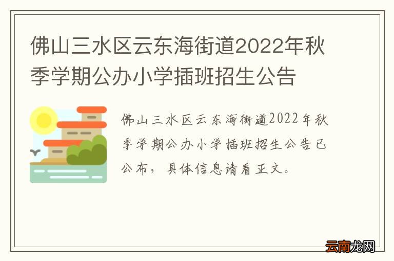 佛山三水区云东海街道2022年秋季学期公办小学插班招生公告