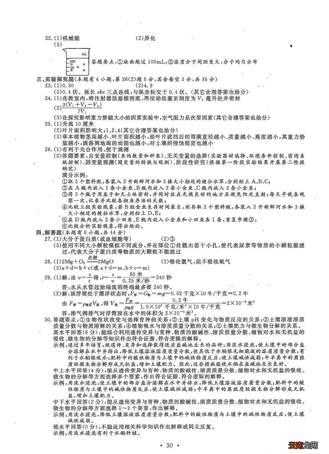 2022年温州中考全科目试卷+参考答案+试卷评析