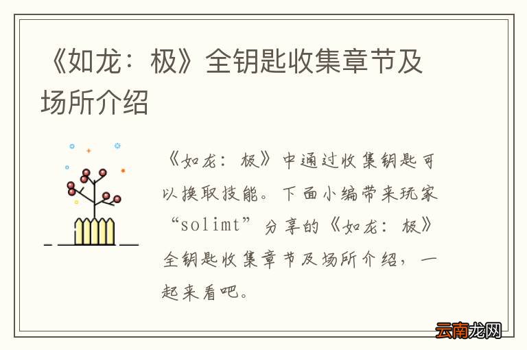《如龙：极》全钥匙收集章节及场所介绍
