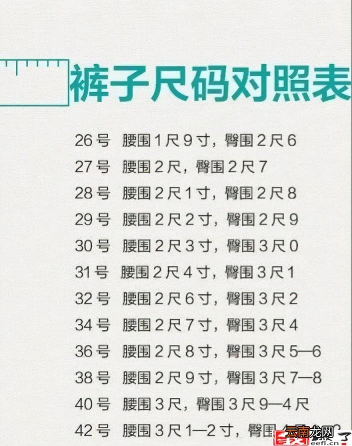 女士裤子尺码对照表图 裤子尺码对照表