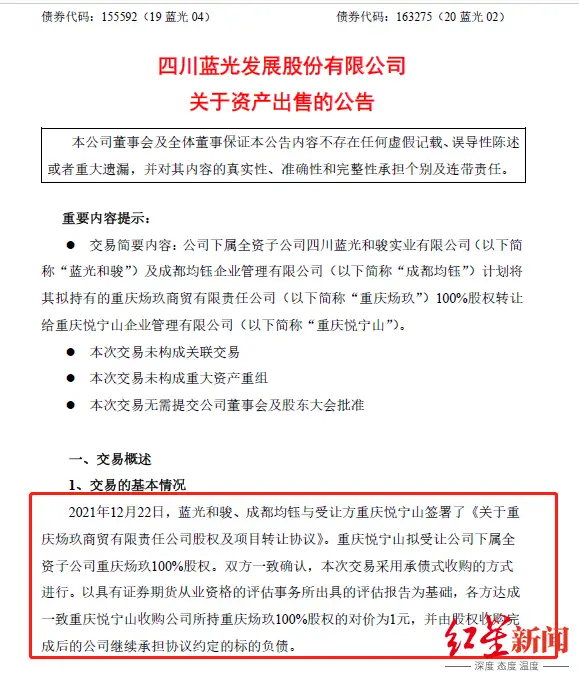 上交所问询：请说明合理性 蓝光发展公司近15亿资产拟卖1元